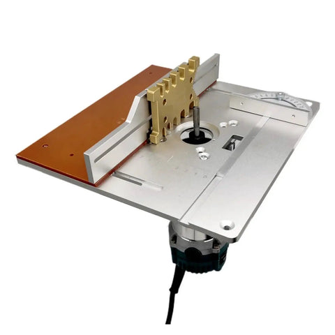 Bully Tough Aluminium Router Table Insert Plate With Wood Milling Flip Board And Backing Gauge Set For Plug And Play Bench Setup features accurate center bushing.