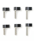 Heavy Duty L Handle Thumb Screw Kit 6 Pack M5 And M6 Camera Screws with black aluminum knobs and silver threads.