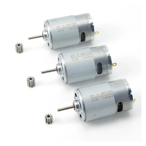 Heavy Duty 24V 200W Metal DL 555C Motors For Kids Electric Cars, showing three motor units with 9T and 10T gears.
