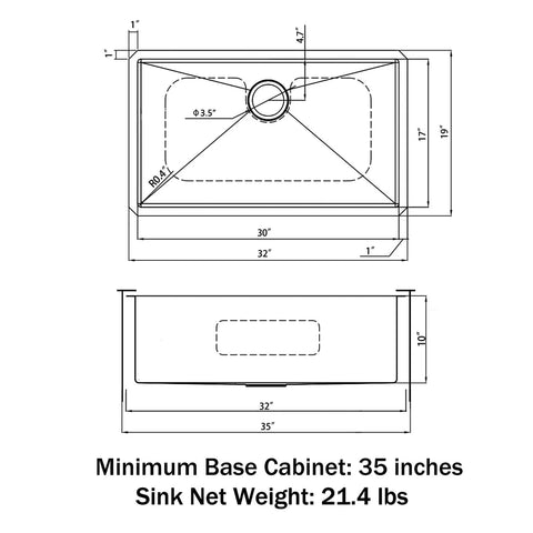 Technical drawing of Undermount Single Bowl Kitchen Sink 32 By 19 By 10 Inches, 18 Gauge 304 Stainless Steel With Black Finish