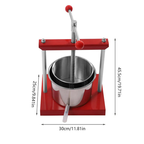 1.6 Gallon No Sweat Manual Press For Fruit Wine And Cheese Real Deal Food Grade Stainless Steel Body with red base and smooth crank.