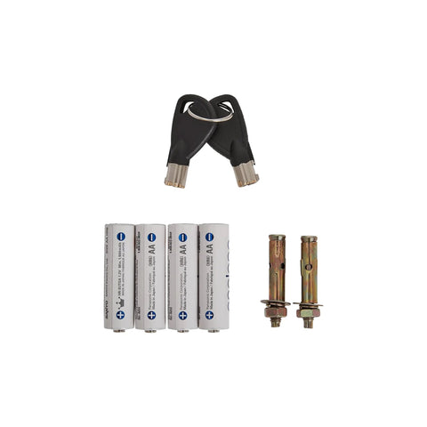 Accessories for Electronic Steel Safe With Keypad And Manual Override For Home Or Office, including keys, batteries, and bolts.