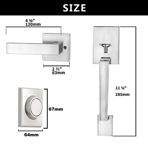 Double Door Handle Set With Dummy Lever And Single Cylinder Deadbolt, Satin Nickel Finish, Modern Heavy Duty Square Door Hardware sizes
