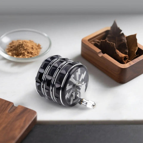 Portable 2.5 Inch Hand Crank Grinder With Clear Top Cover, Large Aluminum Alloy Manual Grinder on kitchen counter with spices