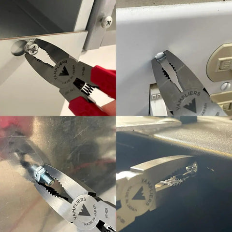 6.25 Inch Stripped Screw Extractor Pliers For Rusted Stuck And Damaged Screws And Fasteners Time Saving Professional Grade Tool Made In Japan Vampliers in use on various screws.