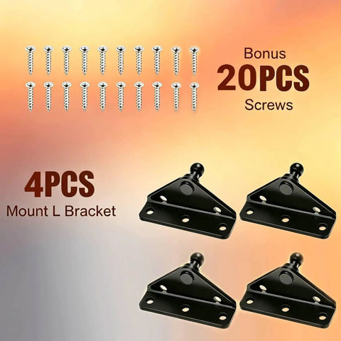 Universal 10mm Ball Stud Strut Mounting Bracket Kit with 4 black L-brackets and 20 screws for DIY automotive support