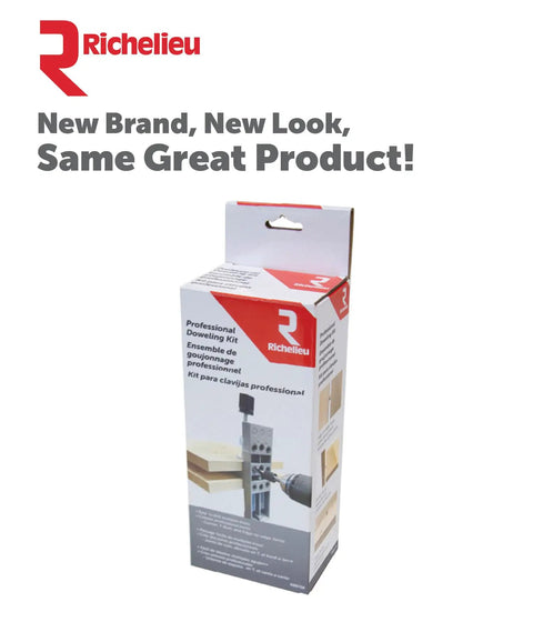 Pro Doweling Kit With Pre-Aligned Hole Guides And Hardened Steel Bushings packaging on display.
