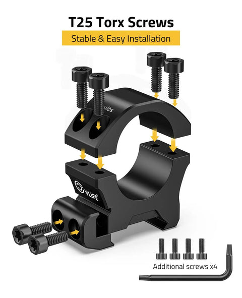 Heavy Duty Rock Solid One Inch Scope Rings For Rifle Scopes With Lockdown Picatinny Rail Base showing assembly with T25 Torx screws.