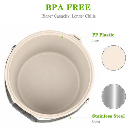 Keep It Frosty 4.8 Liter Insulated Ice Bucket With Snug Fit Lid And Drop Handle Scoop showing inner PP plastic and outer stainless steel.