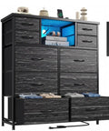 Modern Black Dresser For Bedroom With Built In Charging Station And Bright Led Lights Ten Drawer Storage Cabinet with USB ports.