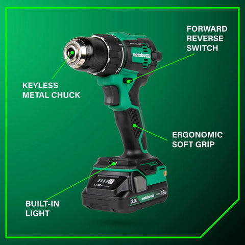 Eighteen-Volt Cordless Brushless Driver Drill Kit With Two Lithium Batteries And Charger Carry Bag Half Inch Torque Up To 620 Inch Pounds 2000 RPM Compact Beast Power Drill Set DS18DEX with labeled features like keyless chuck, ergonomic grip, built-in light and switch.