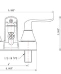 Technical drawing of RV tub and shower faucet diverter valve with winged levers matte black finish for seamless control and flow.