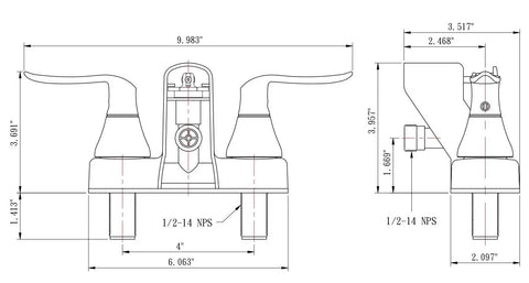 Technical drawing of RV tub and shower faucet diverter valve with winged levers matte black finish for seamless control and flow.
