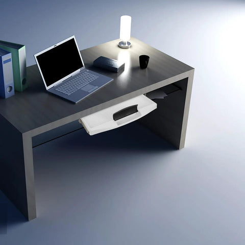 Heavy Duty Sliding Keyboard Tray With Built In Pen Slot And Slick Silver Glide Rails For No Sweat Under Desk Organization and your best ever office setup upgrade, shown extending from a sleek desk.
