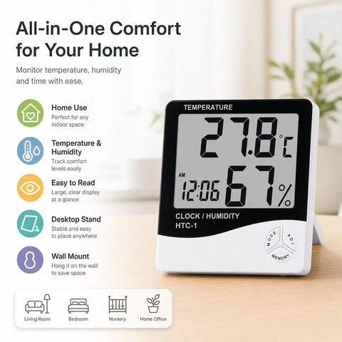Smart Indoor Hygrometer And Thermometer For Home And Office With Crisp Temperature And Humidity Readings Compact Room Sensor, desktop view