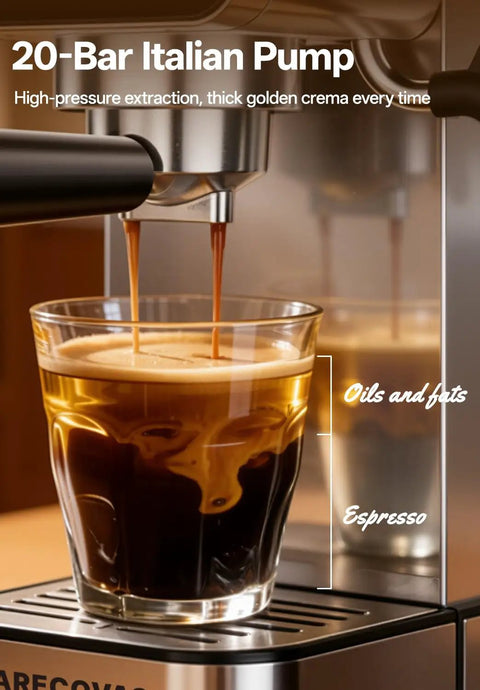 Kick The Coffee Shop Commute With This Slick Compact Espresso Brewer, Boasting A Snappy Touchscreen, Integrated Milk Frother, 20 Bar Pump Pressure, 41 Oz Tank, And Premium Brushed Steel Build, showing espresso being brewed.