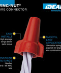 Close-up of Red Wing-Nut 452 Wire Connector for DIY Electrical Splices with copolymer shell over white wires and text details.