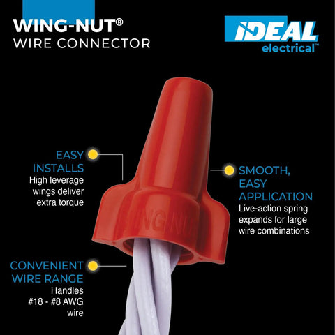 Close-up of Red Wing-Nut 452 Wire Connector for DIY Electrical Splices with copolymer shell over white wires and text details.