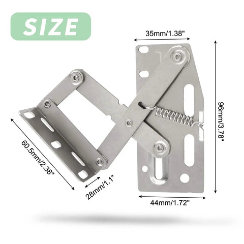 Nickel plated steel scissor hinge with mounting screws, shown with dimensions, for 45° tip out tray in kitchen sink and bathroom cabinets.