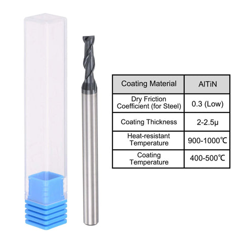 Square Nose End Mill For CNC Router Bits, 3Mm Cutting Diameter, Solid Carbide, AlTiN Coated, 2 Flute Spiral Milling Cutter next to packaging