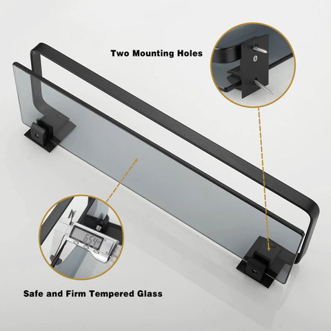 Black Glass Bathroom Shelf Wall Mounted 15.7 Inch Tempered Glass Shelving detail showing two mounting holes and tempered glass
