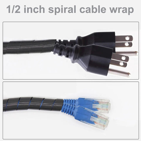 Spiral Cable Wrap Ten Feet One Half Inch Flexible Wire Sleeve For PC TV Computer Electrical Cables Black Cord with Plugs