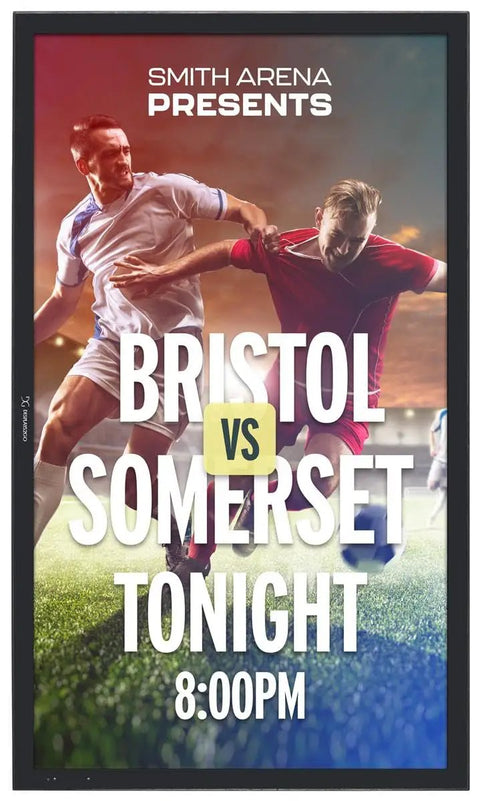 55 Inch Sunshine Ready Outdoor Digital Display Featuring Rock Solid Weatherproof Design And Badass 2500 Nit Brightness For Crisp Visual Ads And No Hassle Public Messaging Setups displaying sports match details.