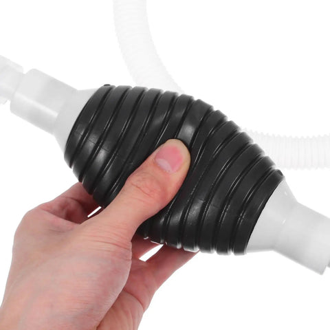 High Suction Manual Oil Pump Plastic Fluid Extractor For Quick Motorcycle Refueling And Automotive Drainer, Water Cleaner Tool To Save Time And Effort held in hand, showing suction bulb with black textured body.