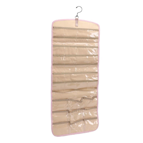 Slick Double Sided Hanging Jewelry Organizer With Foldable Design And Ample Pockets For Rings Earrings Watches, clear pockets, compact travel case.
