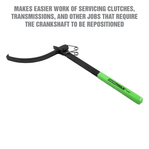 Flywheel Turner And Flexplate Tool With Sure Grip Turn For Quick Removal And Install Of Flywheels And Flexplates Flywheel Wrench For Engine Rotating Tool And Precise Torque During Installation OEMTOOLS with green handle and spring tension.