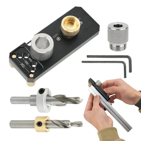 Rugged Aluminum Drill Guide For Frame Assemblies And Cabinet Joinery, Straight Bore Hole Positioner With Scale, Precision Drilling Jig, showing components and use