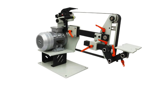Garage Grade Two By Seventy Two Inch Belt Grinder And Sander Station Variable Speed Drive with motor and adjustable components.