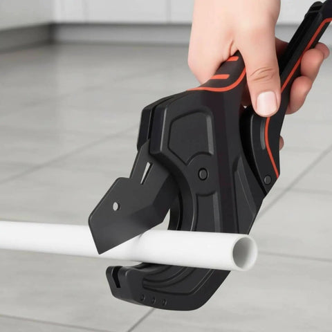 Person using Ratcheting Tube Cutter For PVC Tubing Beastly Heavy Duty Aluminum Pipe Shear With Built In Lock Handle SK5 Steel Core Cuts Up To 75mm