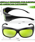 Front and side views of TRQWH laser safety glasses with black frame and lime-green lenses.