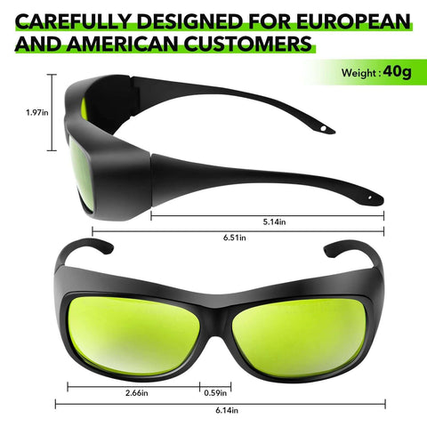 Front and side views of TRQWH laser safety glasses with black frame and lime-green lenses.