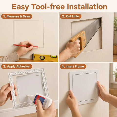 Easy installation steps for Rock Solid 12 Inch Abs Plastic Hinged Access Panel Waterproof Wall Cover Door for Bathrooms and Kitchens.
