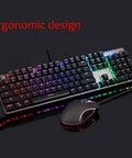 Heavy Duty Mechanical Gaming Keyboard And Mouse Combo Featuring Hella Snappy Blue Switches And Solid Double Shot Keys With Clean RGB Led Backlights For Gamer Rig, showing ergonomic design and vibrant RGB lighting.