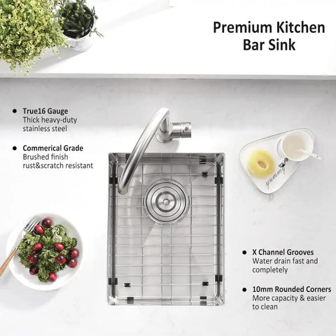 Top view of undermount 12 by 16 inch stainless steel bar sink for wet bar and outdoor RV use with grid and brushed finish.