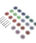 Aboofan Radial Bristle Polishing Wheel With 3mm Shank For Rotary Tools. Variety of colors and sizes arranged with metal shanks.