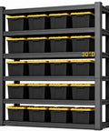 Knockout Heavy Duty Tote Storage Rack With Adjustable 5 Tier Garage Shelving holding black bins with yellow lids.