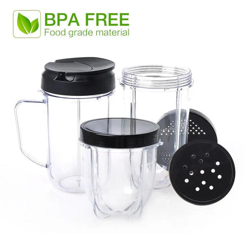 18-Piece Cup and Blade Replacement Set For Magic Bullet Blender MB1001 250W, showing 3 BPA-free cups with lids.