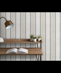 Rustic Victorian Matte Linen Wallpaper in a kitchen setting, featuring a beige backdrop with blue stripes and a wooden shelf.