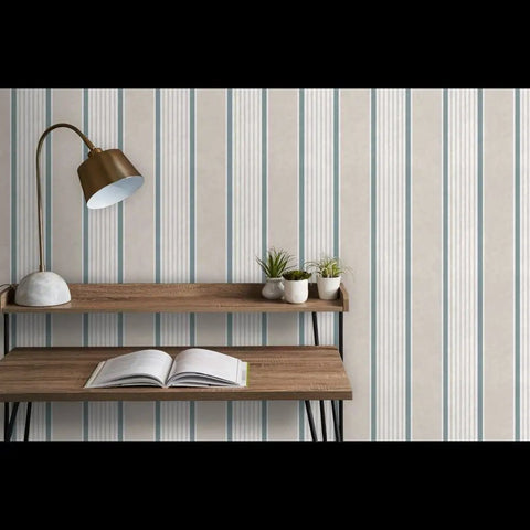 Rustic Victorian Matte Linen Wallpaper in a kitchen setting, featuring a beige backdrop with blue stripes and a wooden shelf.