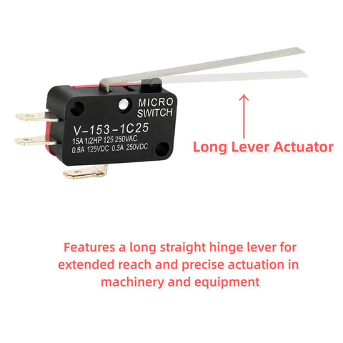 Beefy Long Lever Micro Limit Switch SPDT 1NO 1NC V-153-1C25 for industrial panels with long actuator lever