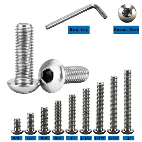 Stainless Steel 304 Button Head Hex Socket Bolts Fully Threaded Screws Quarter Inch Diameter Twenty Threads Per Inch By Five Eighth Inch Length Bright Silver Pack Of Twenty Rust Proof For Furniture Assembly DIY Projects And Machinery Repair with hex key and button head detail.