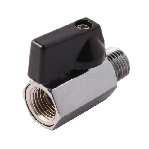 Close-up of chrome-plated brass mini ball valve, 1/4 inch NPT male to female, quarter-turn operation.