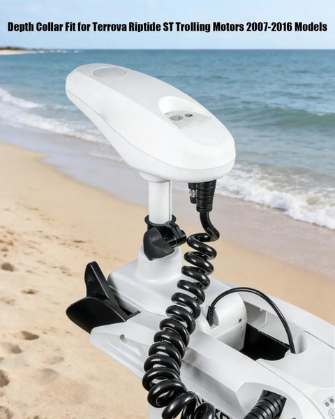 Depth Adjustment Collar Kit For Minn Kota Terrova And Riptide ST Trolling Motors 2007-2016, shown on sandy beach