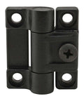 Close-up of black plastic hinge, part of 14 Pack 4 Hole Plastic Adjustable Tension Panel Hinges For 25 Series Cabinets And Panels