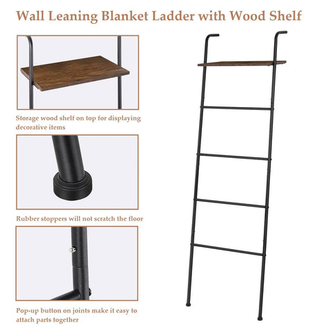 Versatile Blanket And Towel Ladder With Shelf Wall Leaning Black Iron Rack showing wood shelf, rubber stoppers, and joints.