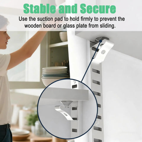 Hold Everything Tight With These Tough As Nails 14 Pack 17.5 Inch Black Metal Pilaster Shelf Brackets Featuring 36 Easy Snap Clips And Complete Wall Mounting Kit with suction pad securing a shelf.